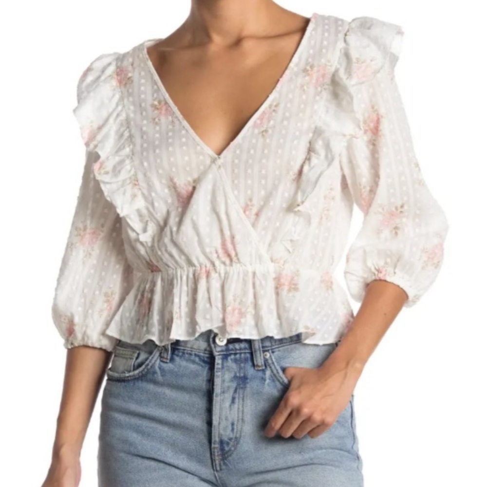 BCBGeneration Floral Swiss Dot Ruffled Peplum Top